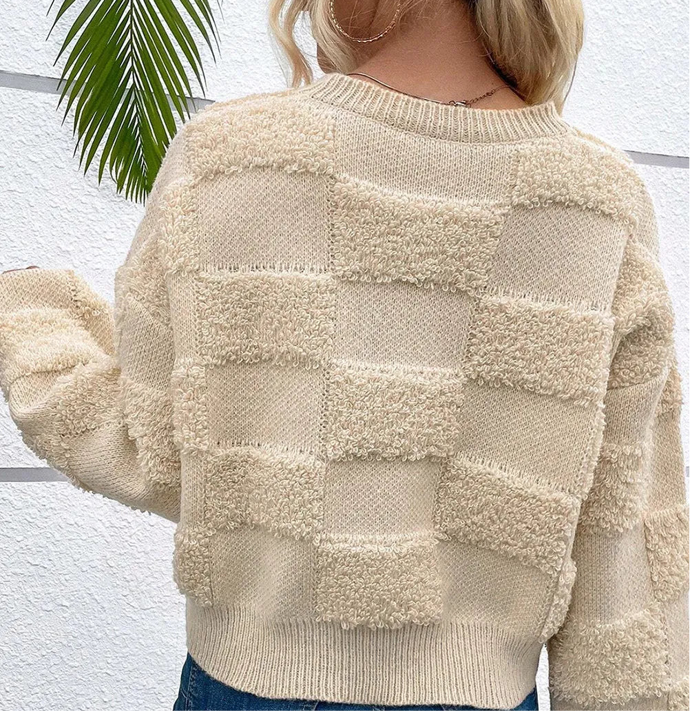 Checkered Round Neck Dropped Shoulder Sweater