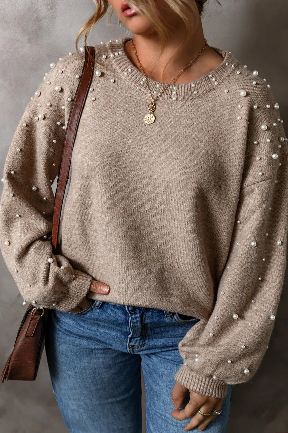 Women's Sweater With Pearl Detailed Sleeve