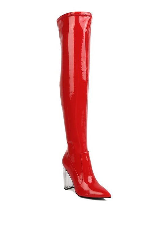 NOIRE Thigh High Patent Boots With Clear Heel