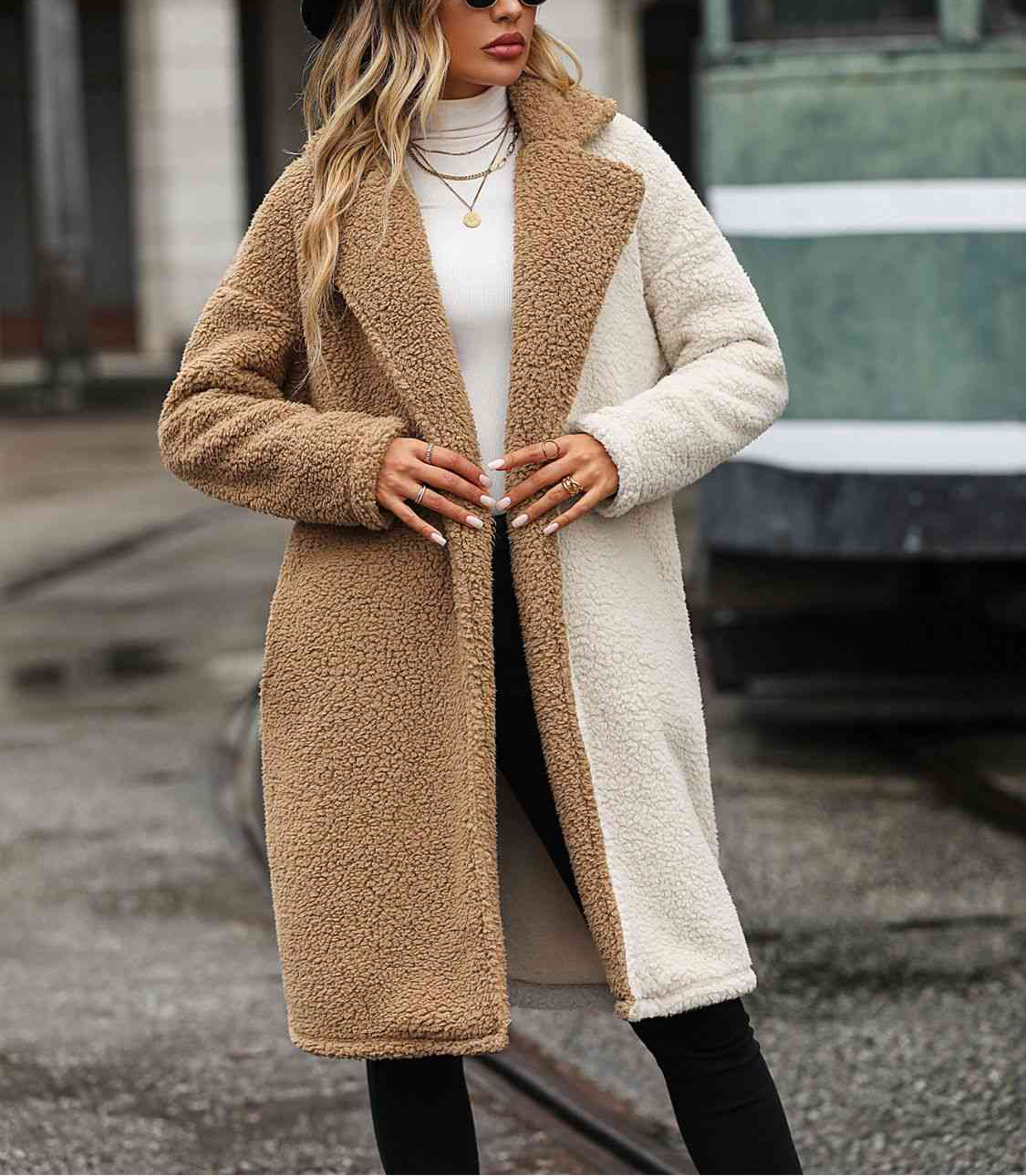 Contrast Dropped Shoulder Sherpa Coat