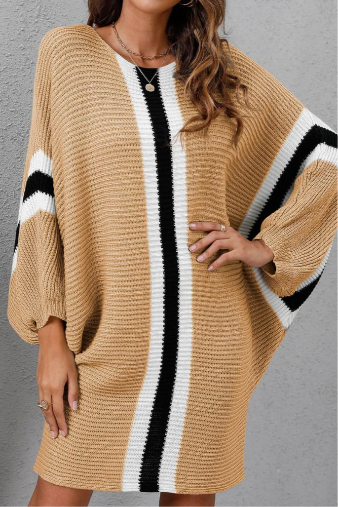 Ribbed Round Neck Long Sleeve Sweater Dress