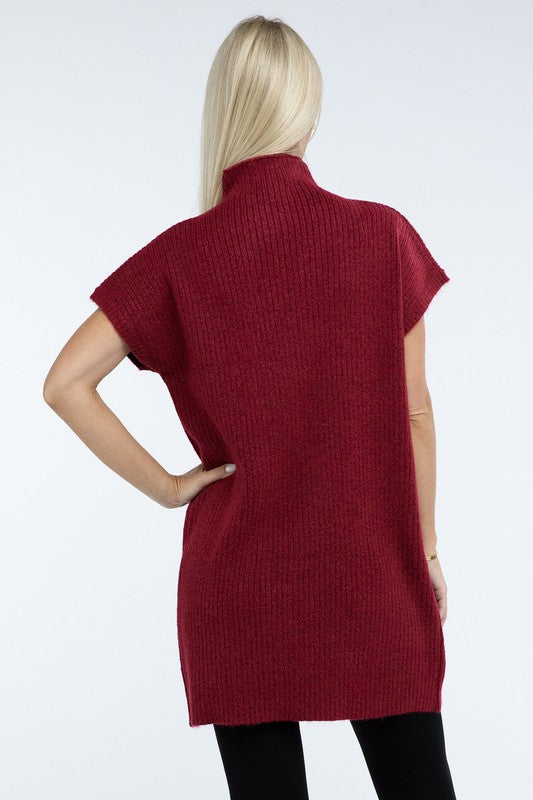 Mock Neck Short Sleeve Sweater Dress with Pocket