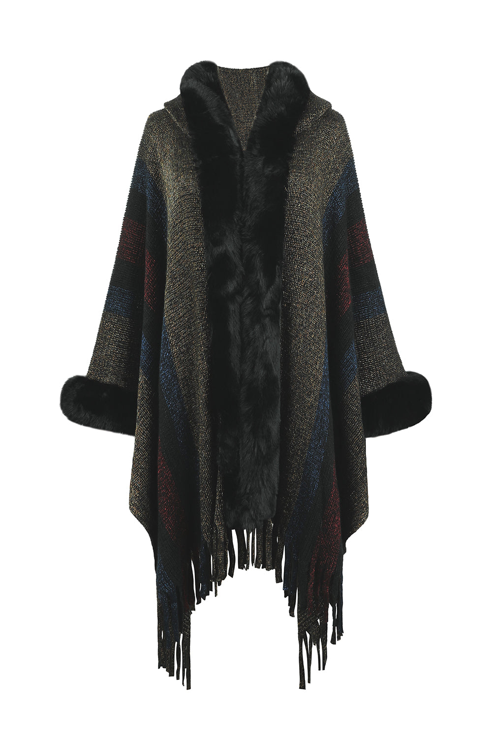 Color Block Fringe Poncho