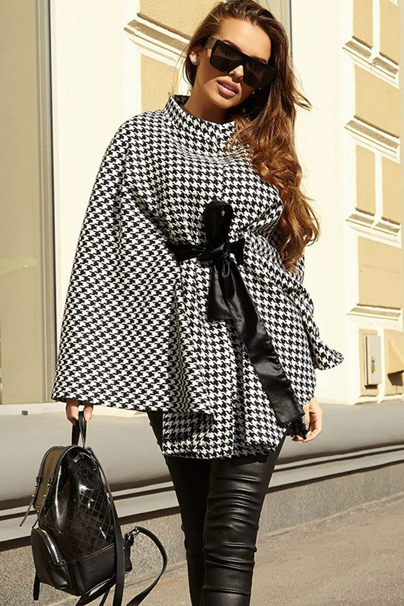 Houndstooth Tie Waist Poncho